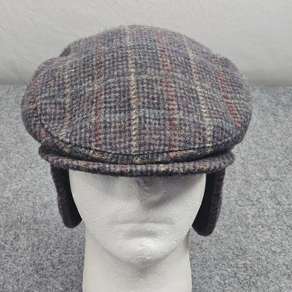 Vintage Newsboy Cap Medium Gray Plaid Wool Ear Flaps Hat Made in USA Flat Cap